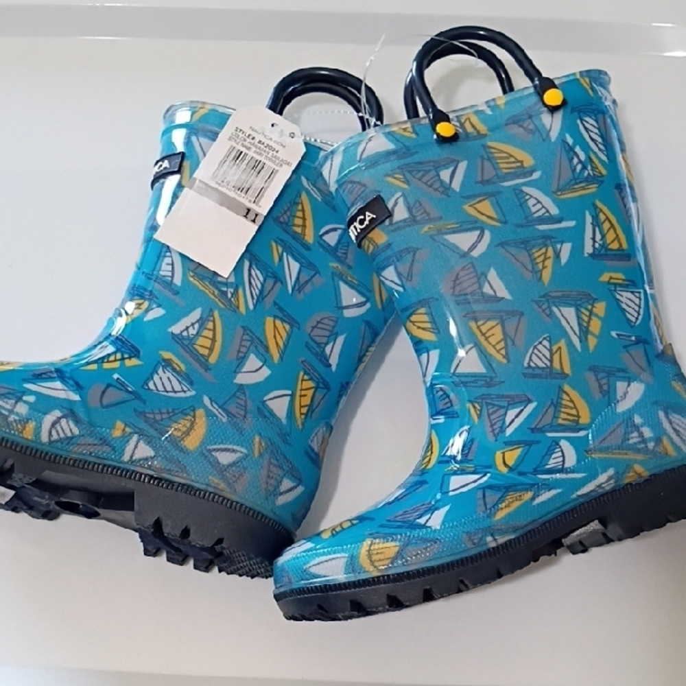 NAUTICA KIDS PULL-ON RAIN BOOTS Blue Yellow Sailboat Print SIZE 11 Toddler NWT